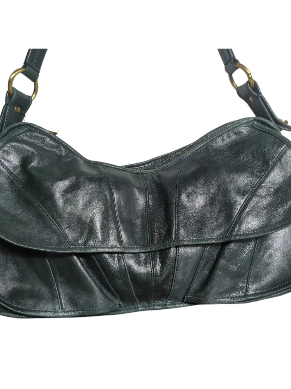 Y2K Trina Turk Dark Green Leather Patchwork Butterfly Crescent Hobo Shoulder Bag